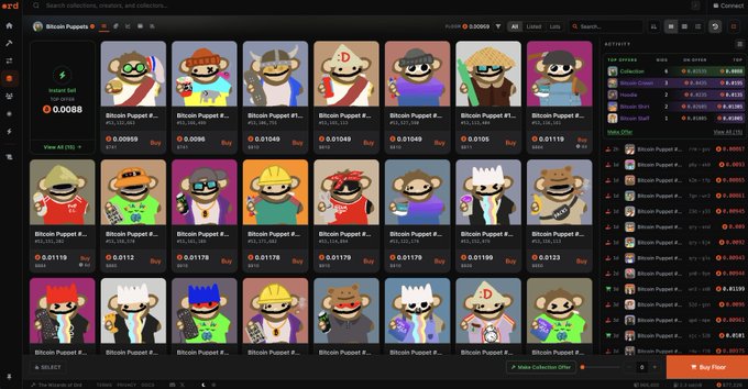 A screenshot of the Magic Eden NFT marketplace showing a collection of 'Bitcoin Puppet' NFTs with various floor prices and items for sale.