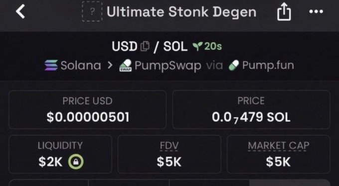 A cryptocurrency tracking app screenshot showing a token called 'Ultimate Stonk Degen' on the Solana network via PumpSwap via Pump.fun, with a USD price of $0.00000501 and a market cap of $5K.