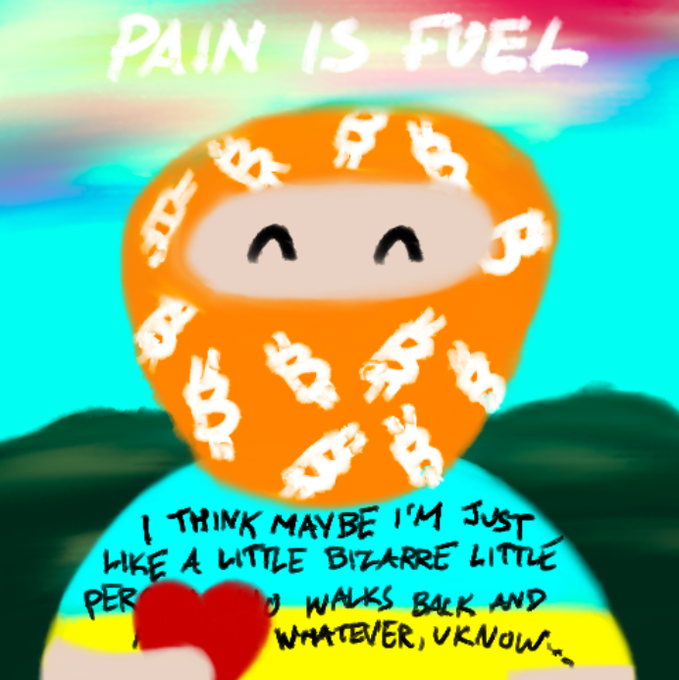 A digitally edited meme shows a character with an orange hood patterned with Bitcoin logos and a smiling face, with text reading "PAIN IS FUEL" and "I THINK MAYBE I'M JUST LIKE A LITTLE BIZARRE LITTLE PERSON WHO WALKS BACK AND WHATEVER, YKNOW..."