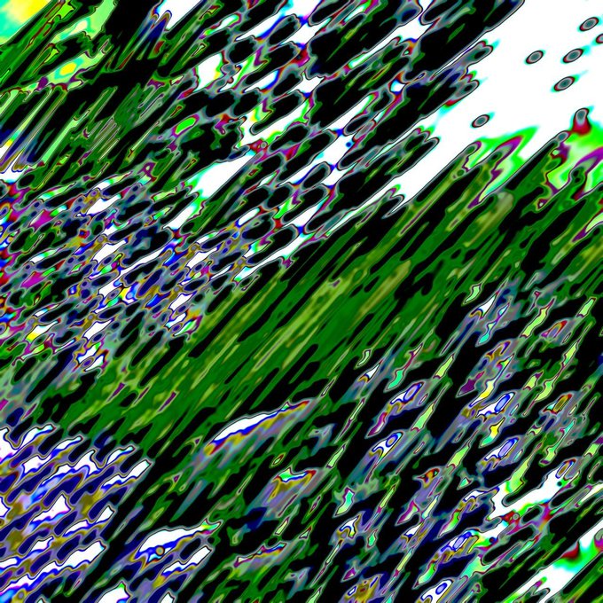 Abstract digital artwork featuring chaotic diagonal streaks of green, black, blue, and magenta colors with a distorted, glitch-like texture.