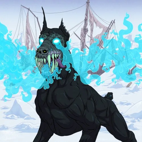 Illustration of a menacing black monstrous creature with sharp teeth and glowing blue flame-like energy surrounding it, set against a snowy landscape with a sailing ship in the background.