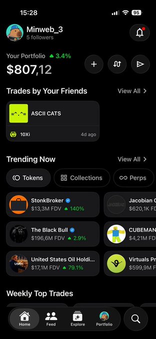 Mobile screenshot of a crypto portfolio app showing user 'Minweb_3' with a portfolio value of $807.12 (up 3.4%), featuring trending tokens like StonkBroker ($13.3M FDV, +140%) and United States Oil Holdings ($17.1M FDV, +79.1%).