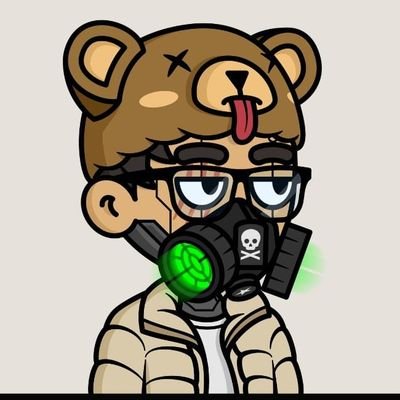 A cartoon-style NFT character of a person wearing glasses, a bear hat with its tongue out, and a gas mask with a green glowing filter and skull symbol.