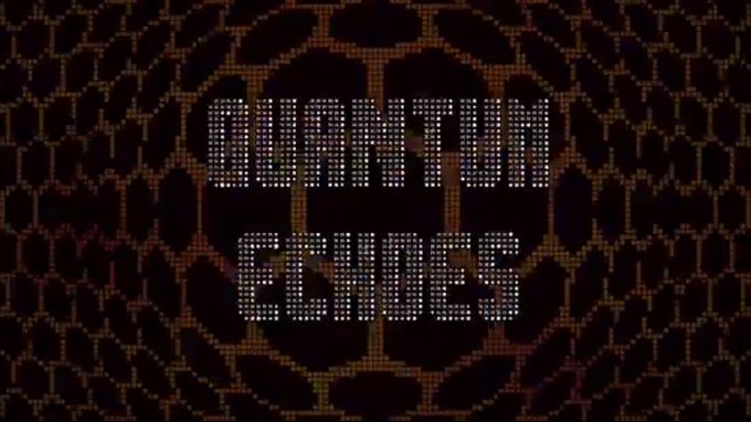 The image features a large screen displaying the text "Quantum Echoes" written in white letters against a dark background with small circles of light surrounding the words, creating a visually striking effect. The caption below the image reads "@quipnetwork", which is likely related to the content displayed on the screen and serves as an identifier for the NFT collection being launched by @quipnetwork.