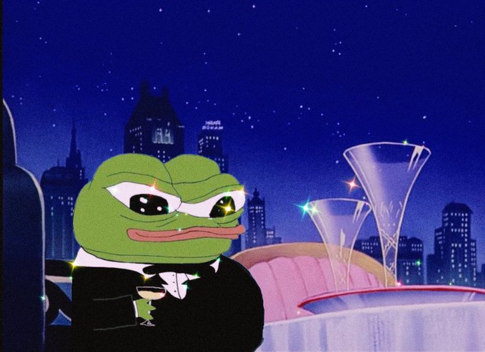A sad Pepe the Frog dressed in a tuxedo sits alone with a drink in a glamorous nighttime cityscape, evoking a melancholic, lonely atmosphere. The scene fits the "gn legends" post by pairing meme culture's iconic frog with a glamorous yet somber setting to humorously portray a legendary night-out gone wrong.