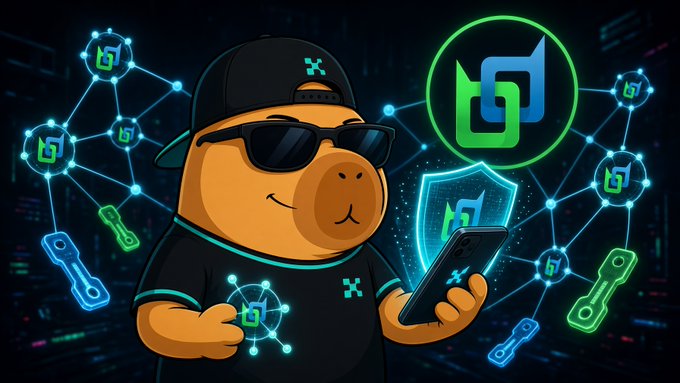 A cartoon bear mascot wearing sunglasses and a cap holds a smartphone, surrounded by floating digital assets, network nodes, and crypto-related icons on a neon background.