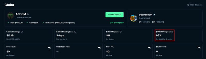 Cryptocurrency claim page for $ANSEM token showing $12.19 holdings, $11 volume on Bullpen, and 983 $ANSEM X impressions highlighted in red.