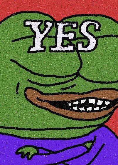 A grainy illustration of a smiling green frog character in a purple shirt, with the word "YES" written in large white letters above it.