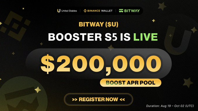 BITWAY promotional banner announcing 'BOOSTER S5 IS LIVE' with a $200,000 boost APR pool, valid August 19 - October 2 (UTC).