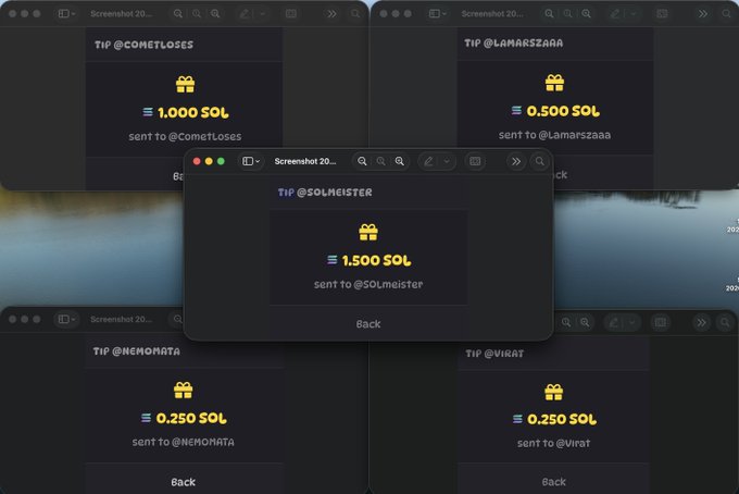 Screenshot showing SOL tip transactions of 1.000 SOL to @CometLoses, 0.500 SOL to @Lamarszaaa, 1.500 SOL to @SOLmeister, 0.250 SOL to @NEMOMATA, and 0.250 SOL to @virat, totaling 3.5+ SOL distributed as weekly leaderboard prizes.