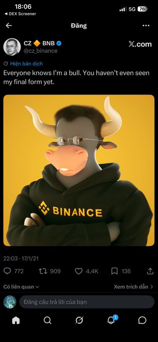 A X (Twitter) post from CZ BNB (@cz_binance) featuring a 3D bull mascot wearing sunglasses and a Binance hoodie, with the caption 'Everyone knows I'm a bull. You haven't even seen my final form yet.'
