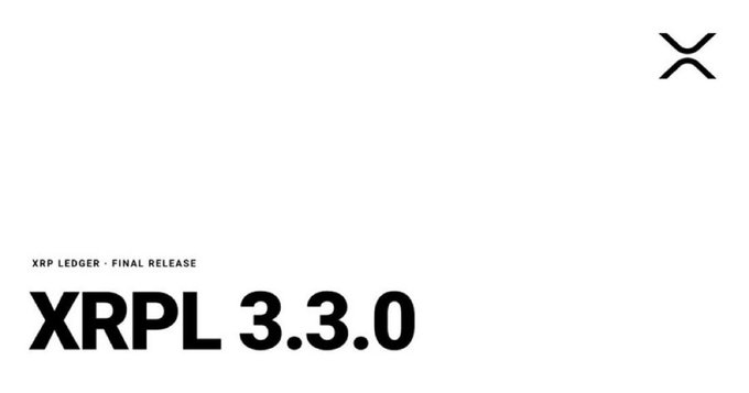 The image announces "XRPL 3.3.0" as the XRP Ledger Final Release, featuring the distinctive XRP logo in the upper right corner. This promotional graphic visually supports the post's message by showcasing the latest version update for the XRP Ledger, emphasizing the release with bold typography.