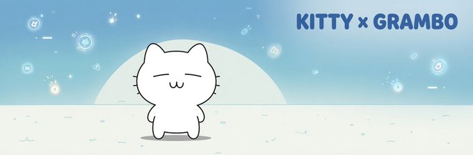A simple cartoon cat character standing with eyes closed on a blue background with sparkles, labeled 'KITTY x GRAMBO' in the upper right.