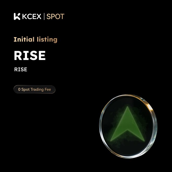 KCEX SPOT cryptocurrency exchange advertisement announcing the initial listing of 'RISE' with '0 Spot Trading Fee' and a green arrow logo.