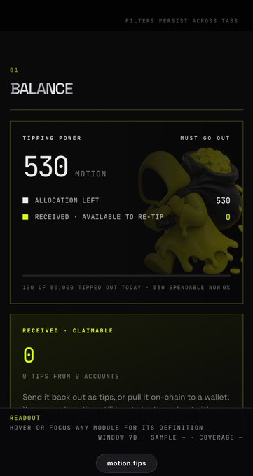 A dark-themed dashboard showing a Balance section with 530 MOTION in Tipping Power (530 received, 0 available to re-tip, 50,000 tipped out today), alongside a yellow cartoon character. The post celebrates crossing 560 MOTION on the motion.tips platform, contrasting the image's 530 figure with the author's slightly higher recent balance while promoting the platform's create, engage, and earn ecosystem.