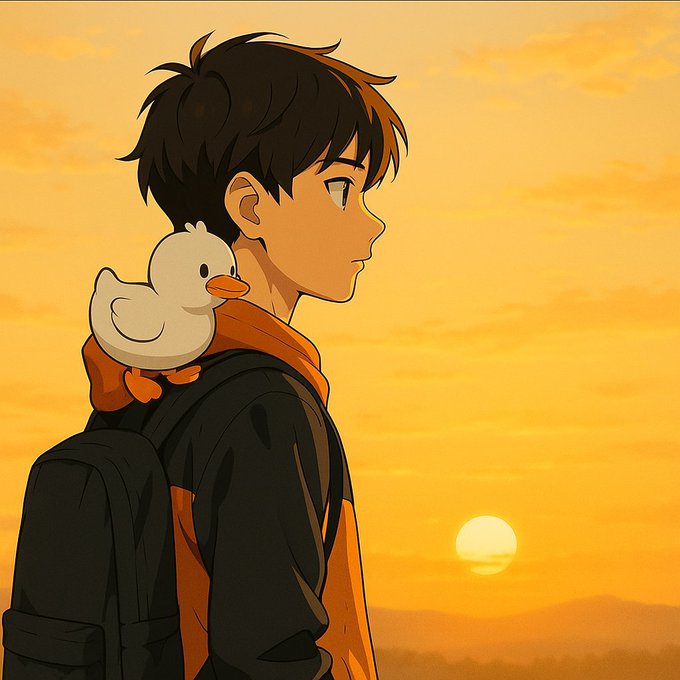 The image features a young boy with brown hair wearing an orange jacket, standing against a sunset backdrop. He has a backpack on his back and a stuffed animal attached to his shoulder. The background of the image shows a beautiful sunset over mountains, creating a serene atmosphere. The caption for this image reads "Have a great wednesday Legends Grind for long term @quipnetwork and @XOOBNetwork".