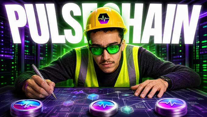 A stylized graphic of a man in a yellow hard hat and safety vest writing on a digital blueprint, with 'PULSECHAIN' displayed prominently in the background.