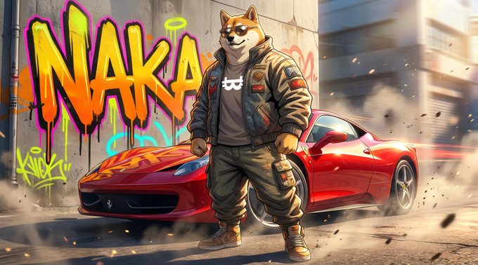 An anthropomorphic Shiba Inu wearing a bomber jacket and streetwear stands in front of a red Ferrari with the graffiti tag "NAKA" behind him, embodying the bold, competitive energy of the "$NAKA" gaming arena announcement. The image visually reinforces the post's call to action, portraying $NAKA as the ultimate play for crypto gamers ready to dominate the competition.