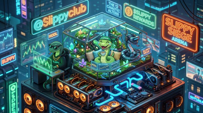 A vibrant cyberpunk-style digital illustration of a crypto/NFT platform called '@Slippyclub', featuring cartoon reptile characters, neon signs reading 'SLIPPY SIEGE ARENA' and '$SLIPPY REWARDS', and futuristic high-tech equipment.