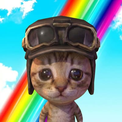 An animated illustration of a small kitten wearing a brown leather aviator cap and goggles, set against a blue sky with a rainbow and clouds.
