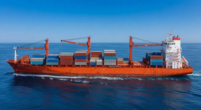A large orange-red container ship loaded with multicolored shipping containers sailing across a deep blue ocean under a clear sky.