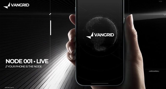 A hand holding a smartphone displaying the 'VANGRID' logo over a dotted globe graphic, with overlay text reading 'NODE 001 • LIVE' and '//YOUR PHONE IS THE NODE'.