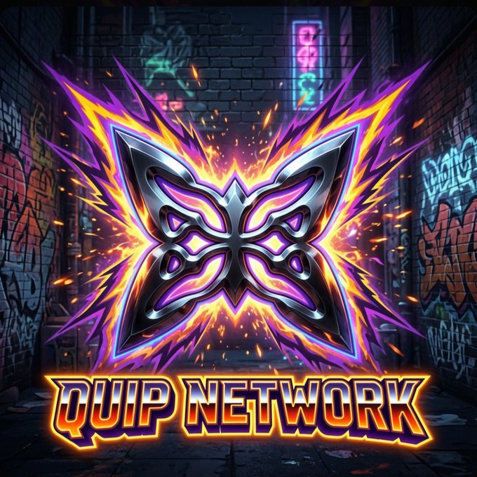 A stylized butterfly logo with purple and orange neon accents bursts against a graffiti-covered brick wall, with the text 'QUIP NETWORK' glowing below.