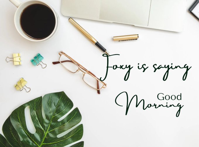 A flat-lay desk scene with coffee, a pen, glasses, binder clips, and a monstera leaf accompanies the cursive text "Foxy is saying Good Morning."