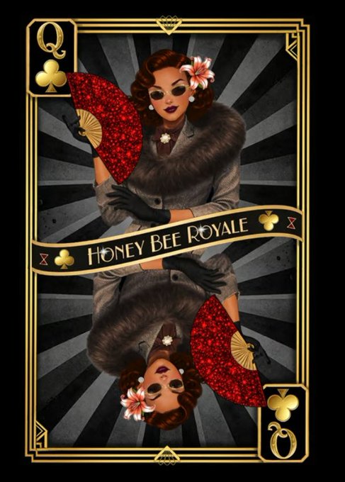 A decorative playing card labeled 'Queen of Clubs' titled 'HONEY BEE ROYALE' featuring a retro-styled woman in sunglasses holding a red fan against a sunburst background.