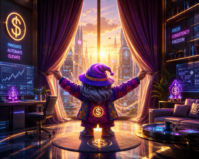 Digital art of a wizard-like figure in a purple hat and floral robe opening curtains to reveal a futuristic cityscape at sunset, surrounded by neon signs reading 'INNOVATE AUTOMATE ELEVATE', 'FOCUS CONSISTENCY FREEDOM', and dollar sign symbols.
