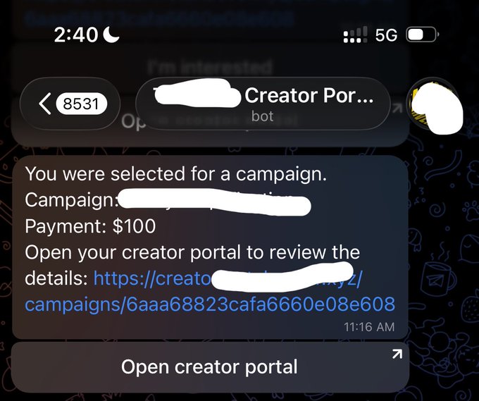 A phone screenshot shows a Telegram message notification reading "You were selected for a campaign. Campaign: [redacted] Payment: $100 Open your creator portal to review the details..." with an "Open creator portal" button, aligning with the post's claim of earning $100 from a web3 creator gig despite low activity.