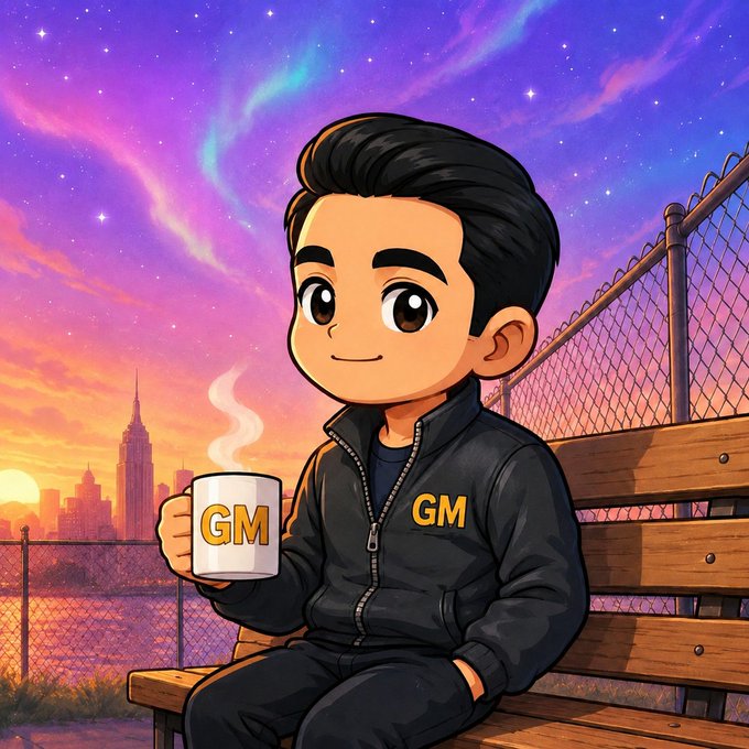 A cartoon illustration of a young man in a black jacket holding a mug that says 'GM', sitting on a bench against a vibrant sunset city skyline with a starry sky.
