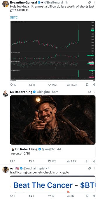 The image shows a Twitter/X feed discussing a massive surge in the $BTC price chart, with "Byzantine General" celebrating nearly a billion dollars worth of shorts getting liquidated, while other posts reference $BTC cancer cures and trading algorithms, tying to the casual algo trading snippet.