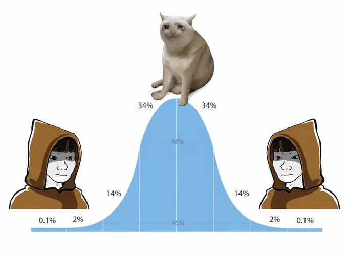A bell curve meme featuring a cat at the peak, labeled with 34%/68%/95% confidence intervals, flanked by two hooded figure avatars in the low-probability tails.