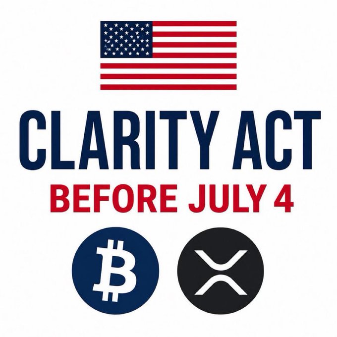 The image features a white background with two logos and text: an American flag at the top, and a Bitcoin logo below it. Below the Bitcoin logo, there is a tagline that reads "INSANE: The White House is reportedly pushing to pass the CLARITY Act before July 4", indicating a potential connection between the images and a cryptocurrency event or promotion.