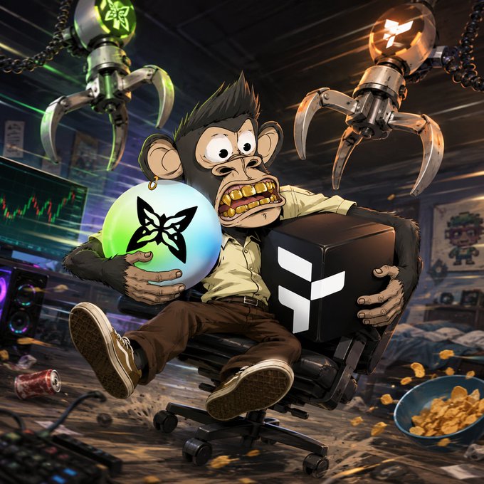 The image features an animated cartoon monkey sitting in an office chair with a computer monitor behind him. The monkey appears to be holding a light blue ball while wearing a brown shirt and pants. There are also two other chairs visible, one of which is occupied by another cartoon character. The background shows a desk with various items such as a keyboard, mouse, and a bowl filled with snacks.