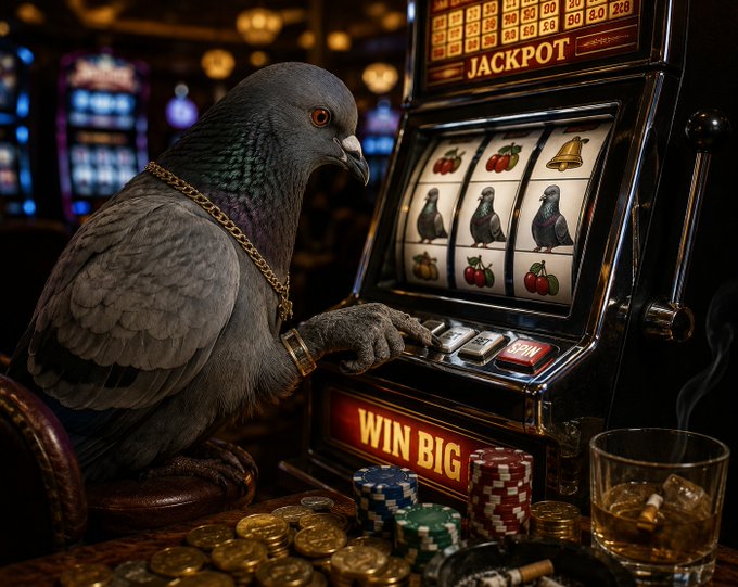 A pigeon wearing a gold chain and rings playing a slot machine with 'JACKPOT' and 'WIN BIG' text, surrounded by poker chips and a whiskey glass in a casino setting.