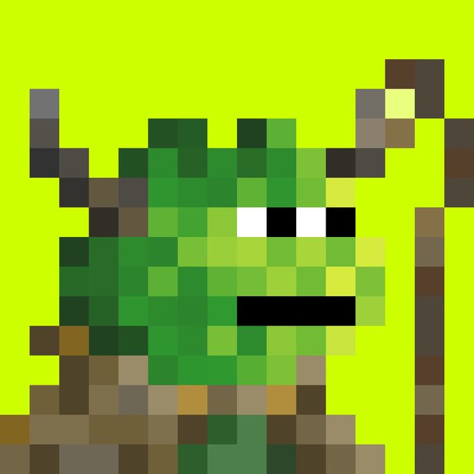 A pixelated Minecraft-style green zombie character holding a wooden stick against a bright yellow-green background.