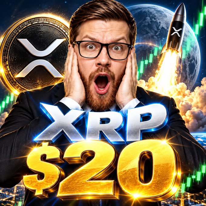 A sensationalist thumbnail shows a shocked man with hands on his face, overlaid with graphics including the XRP logo, a rising rocket, and large gold text reading 'XRP $20'.