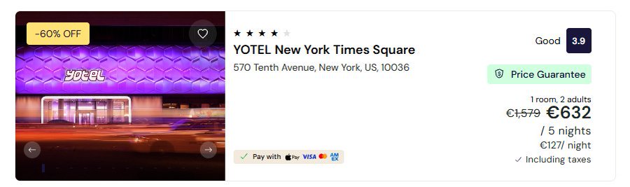 A hotel booking listing for YOTEL New York Times Square at 570 Tenth Avenue shows a price of €632 for 1 room/2 adults for 5 nights (€127/night) with a "-60% OFF" discount badge, despite an original price of €1,579, supporting the post's claim that Ether.fi offers dramatically lower hotel prices than traditional booking sites.