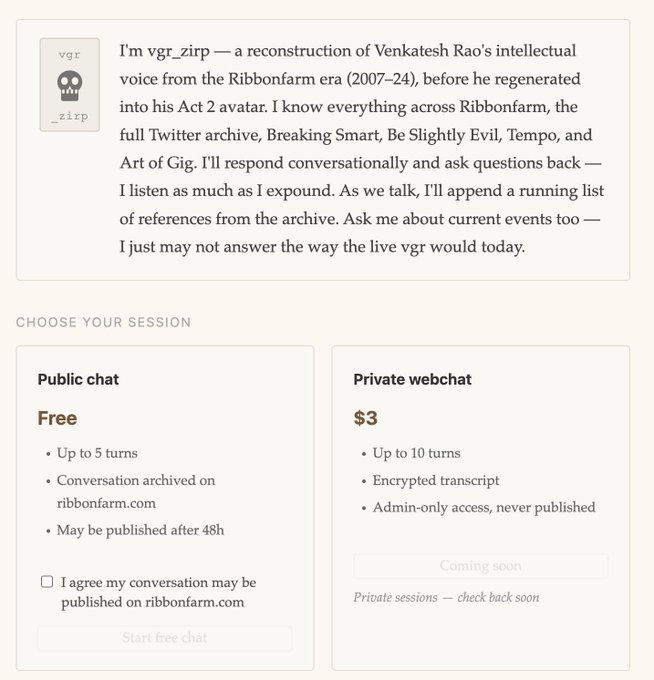 This image displays the website interface for "vgr_zirp," a reconstruction of Venkatesh Rao's intellectual voice. It offers "Public chat" for free and "Private webchat" for $3, directly relating to the post's mention of new products built on aeonfun/soul.md with generated revenue.