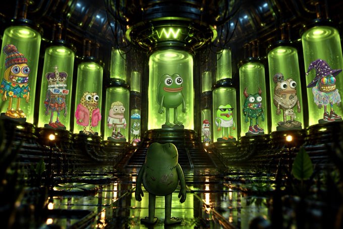A surreal 3D rendering shows various whimsical cartoon characters standing inside glowing green cylindrical pods within a futuristic chamber.