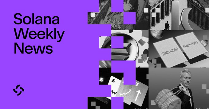 The image is a graphic titled "Solana Weekly News" in white text on a purple background, featuring a collage of black-and-white images including the Golden Gate Bridge, SIMD-0550 and SIMD-0553 voting tokens, and a portrait of Michael Saylor, visually highlighting key topics like the tokenomics votes, Solana's record transaction activity, and Strategy's BTC sale.