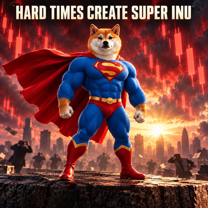 Caption: A meme image featuring a muscular dog wearing a Superman costume, standing heroically against a dramatic, fiery cityscape background. The text "HARD TIMES CREATE SUPER INU" is displayed at the top, referencing the cryptocurrency token INU.