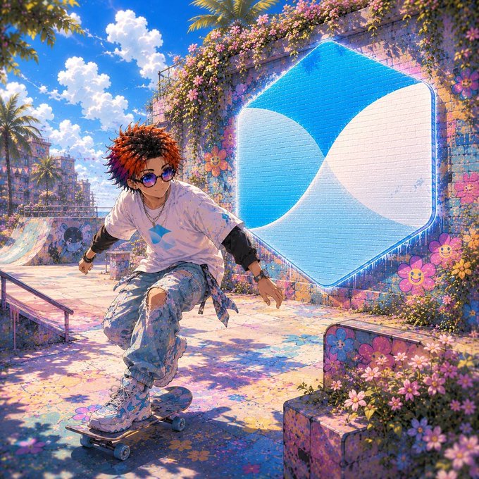 An anime-style illustration shows a red-haired character in sunglasses skateboarding past a brick wall featuring a large glowing blue logo with floral decorations.