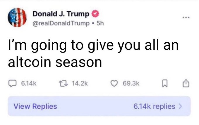A tweet from Donald J. Trump (@realDonaldTrump) reads "I'm going to give you all an altcoin season," garnering 69.3k likes, 14.2k retweets, and 6.14k replies. The post aligns with the caption's message that altseason is coming, as Trump's tweet humorously signals a bullish outlook for altcoins.