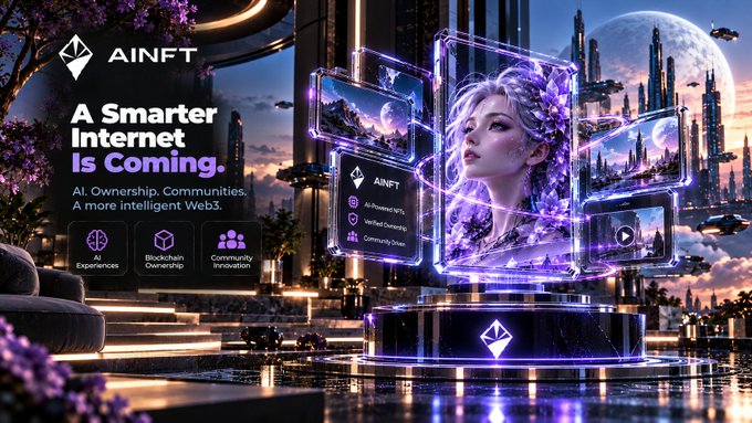 A promotional graphic for 'AINFT' featuring the tagline 'A Smarter Internet Is Coming' with an illustration of a holographic portrait and a futuristic cityscape.