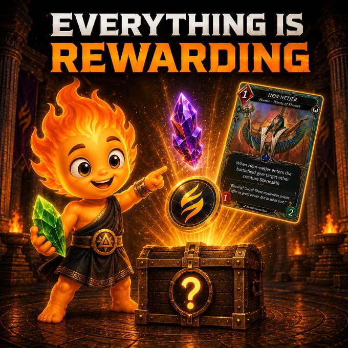 A promotional gaming graphic reads 'EVERYTHING IS REWARDING' featuring a fire-headed cartoon character holding a green gem, with a purple crystal, a card labeled 'HEM-NEJER', and a treasure chest with a question mark below.