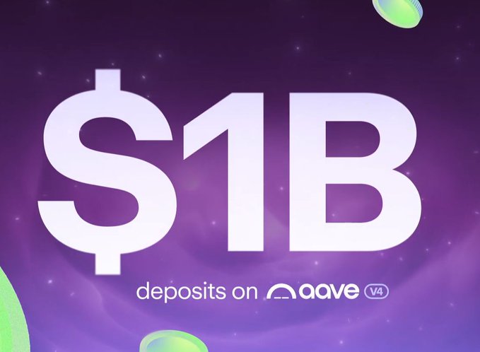 Purple gradient background with large white text '$1B deposits on aave v4' celebrating a milestone achievement.