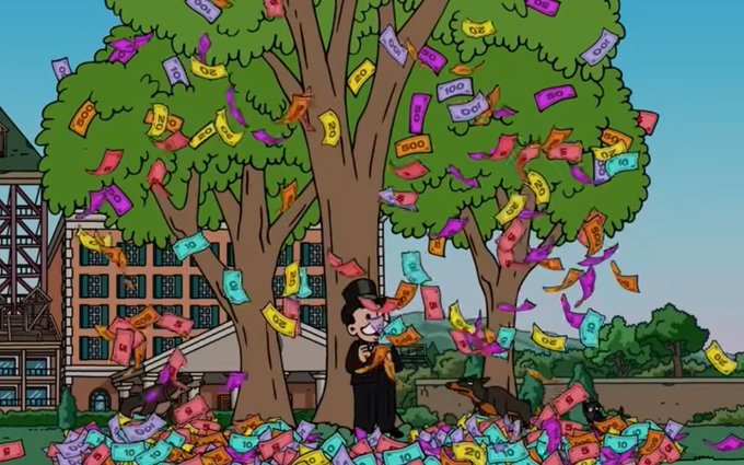 A cartoon Monopoly man stands beneath a large tree showering colorful Monopoly bills in denominations of 5, 10, 20, 50, 100, and 500, while a pile of money accumulates at his feet—visually symbolizing a "money shower" for the mentioned crypto tickers $METAL, $XPR, $LOAN, and $XLM.